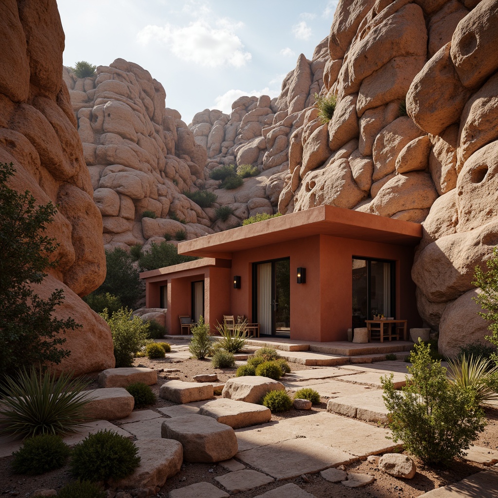 Prompt: Rugged canyon landscape, rocky formations, desert flora, rust-colored stone walls, wooden accents, earthy tones, natural textures, modern rustic architecture, cantilevered roofs, large windows, sliding glass doors, open interior spaces, minimalist decor, industrial lighting fixtures, warm atmospheric colors, soft morning light, shallow depth of field, 2/3 composition, cinematic view, realistic rock formations, ambient occlusion.