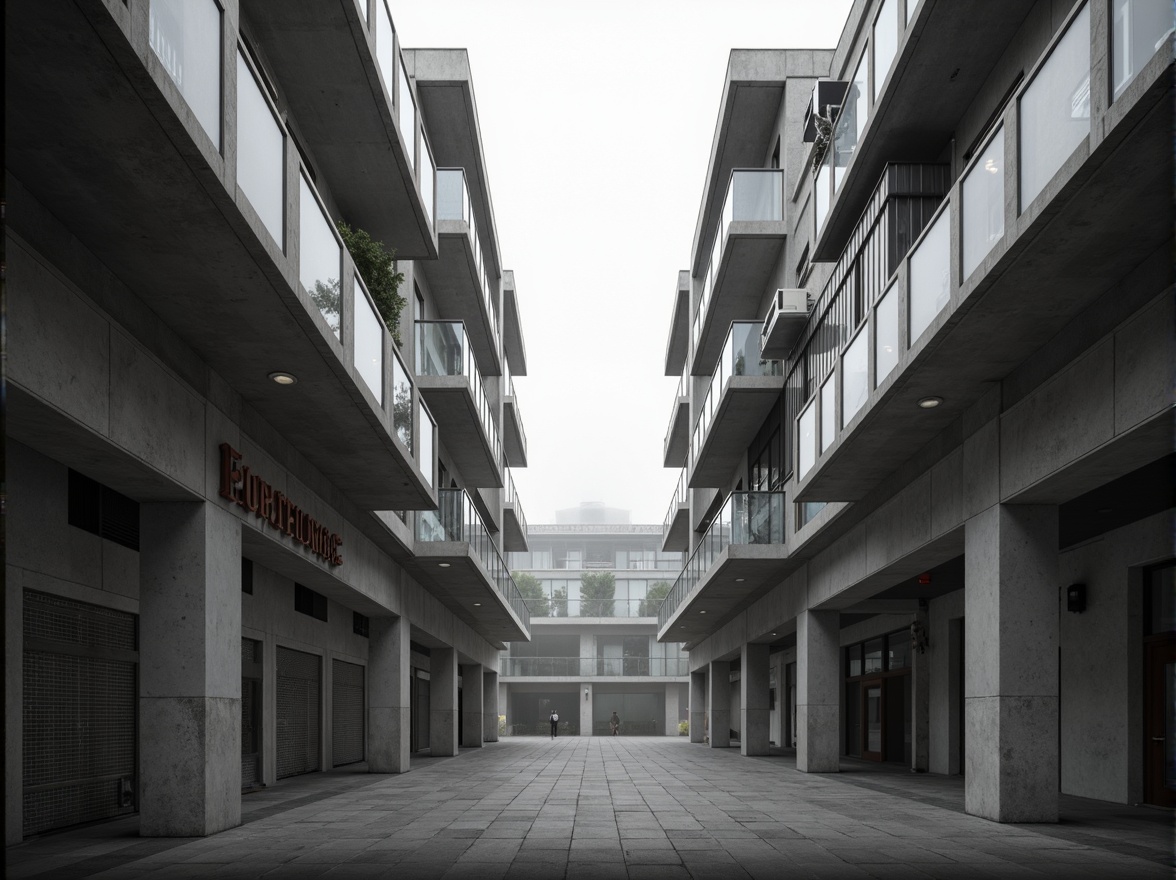 Prompt: Reinforced concrete columns, cantilevered roofs, angular balconies, asymmetrical fa\u00e7ades, industrial-style pipes, exposed ductwork, minimalist ornamentation, brutalist architecture, functionalism-inspired design, educational institution signage, modernist sculptural elements, abstract geometric patterns, monochromatic color scheme, natural light pouring in through clerestory windows, atmospheric misty morning, shallow depth of field, 3/4 composition, symmetrical framing, realistic textures, ambient occlusion.