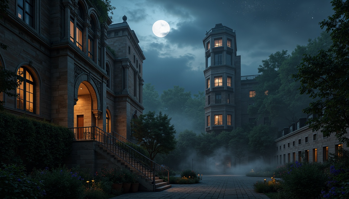 Prompt: Dramatic watching towers, mystical moonlight, winding stone staircases, ancient ivy-covered walls, grandiose Gothic arches, intricate tracery patterns, ornate ironwork balconies, misty foggy atmosphere, mysterious dark forests, twinkling starry night sky, soft warm candle lighting, atmospheric perspective, 1/1 composition, symmetrical framing, realistic textures, ambient occlusion.