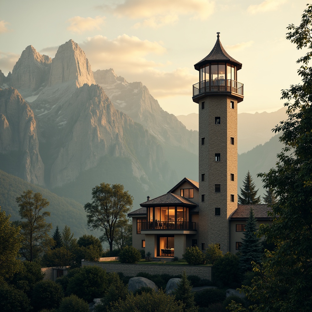 Prompt: Elegant watchtower, slender cylindrical shape, rustic stone walls, wooden accents, lantern-style roof, majestic mountainous backdrop, serene misty morning, warm golden lighting, dramatic atmospheric perspective, 1/2 composition, cinematic framing, rich detailed textures, subtle ambient occlusion.