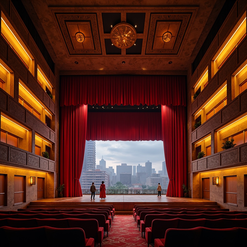 Prompt: Vibrant red curtains, ornate golden balconies, Art Deco patterns, geometric shapes, futuristic lighting systems, bold angular lines, minimalist stage design, luxurious velvet seats, rich wood tones, metallic accents, urban cityscape backdrop, misty evening atmosphere, shallow depth of field, 1/2 composition, cinematic camera angles, high-contrast dramatic lighting, realistic textures, ambient occlusion.