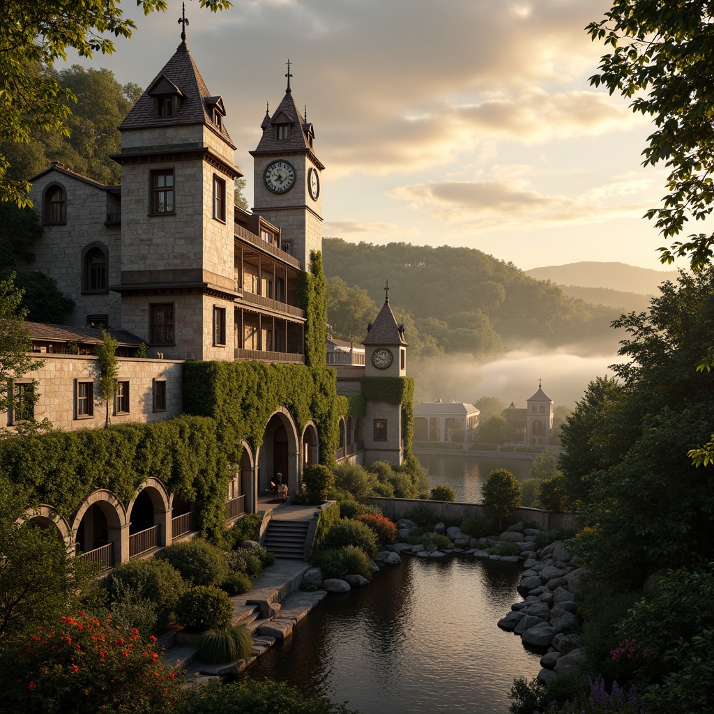 Prompt: Whimsical medieval towers, rustic stone walls, ivy-covered facades, ornate Gothic arches, grandiose clock towers, mystical misty atmosphere, warm golden lighting, dramatic sunset views, rolling hills, lush green forests, serene lakeside scenery, intricate ironwork balconies, stained glass windows, majestic castle-inspired architecture, winding cobblestone paths, vibrant blooming flowers, soft focus, shallow depth of field, 1/2 composition, cinematic framing.