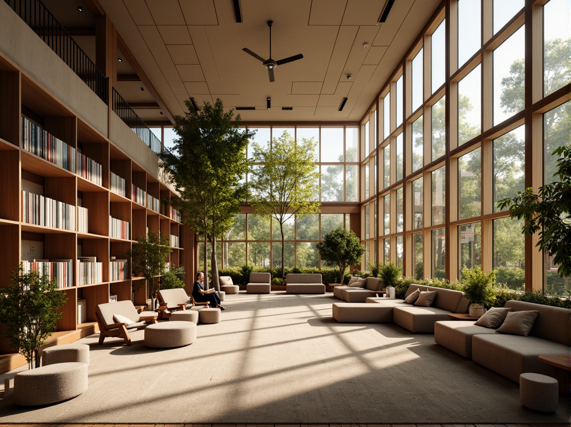 Prompt: Cozy library interior, abundant natural light, floor-to-ceiling windows, wooden bookshelves, comfortable reading nooks, soft warm glow, diffused sunlight, gentle shadows, calm atmosphere, peaceful ambiance, modern minimalist design, sleek lines, functional layout, earthy color palette, warm beige tones, rich wood accents, plush carpeting, ergonomic seating, task lamps, subtle texture variations, shallow depth of field, 1/1 composition, realistic renderings.