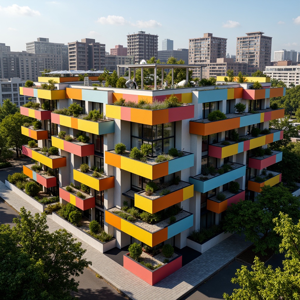 Prompt: Vibrant residential complex, asymmetrical facade, bold color blocking, irregular window patterns, cantilevered balconies, sleek metal railings, green roof installations, solar panel integration, rainwater harvesting systems, modernist architecture, brutalist elements, raw concrete textures, abstract sculptures, urban cityscape, dense foliage surroundings, dramatic lighting effects, high-contrast shadows, 1/2 composition, shallow depth of field, cinematic atmosphere.