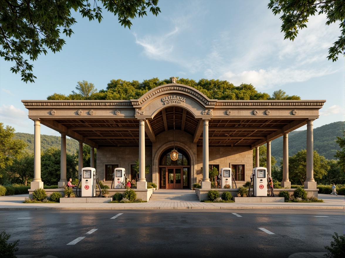 Prompt: Rustic gas station, neoclassical columns, ornate stone carvings, symmetrical facade, grand entrance, sweeping arches, verdant green roofs, lush surrounding landscape, rolling hills, serene countryside, vintage fuel pumps, decorative lanterns, intricate metalwork, warm golden lighting, soft focus, shallow depth of field, 1/2 composition, panoramic view, realistic textures, ambient occlusion.