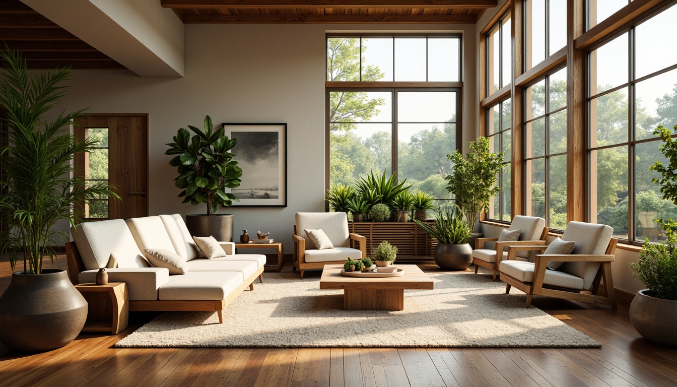 Prompt: Cozy living room, plush carpets, comfortable sofas, natural wood accents, warm earthy tones, abundant greenery, large windows, soft diffused lighting, shallow depth of field, 3/4 composition, inviting atmosphere, harmonious color palette, thoughtful spatial arrangement, functional layout, efficient circulation paths, minimalist decor, sleek lines, modern architecture, airy open spaces, calming ambiance, peaceful retreat.