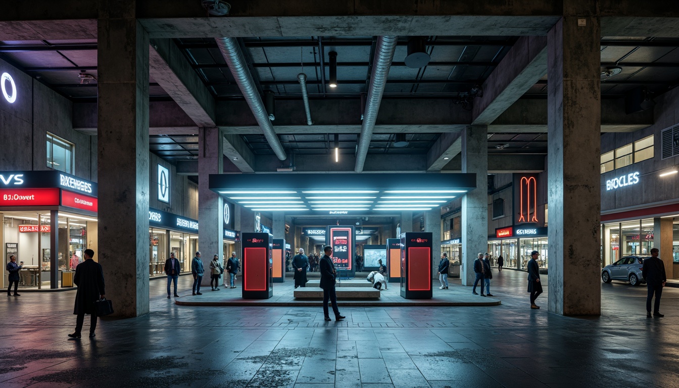 Prompt: Rugged charging station, brutalist architecture, raw concrete walls, industrial-style metal beams, minimalist aesthetics, bold geometric shapes, exposed ductwork, functional simplicity, urban cityscape, busy street scene, neon signs, electric vehicle charging points, modern LED lighting, futuristic ambiance, high-tech gadgetry, metallic color palette, strong shadows, dramatic lighting effects, low-angle photography, 2/3 composition, cinematic atmosphere.