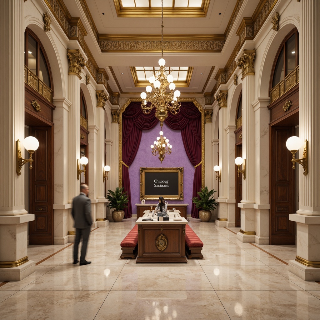 Prompt: Elegant neoclassical charging station, cream marble columns, ornate golden details, soft ivory walls, rich walnut wood accents, subtle bronze metallic trim, luxurious velvet upholstery, warm beige floor tiles, stately lanterns, grandiose chandeliers, sophisticated neutral color scheme, refined typography, intricate moldings, ornamental patterns, lavish drapery, regal purple accent walls, majestic high ceilings, dramatic spotlights, 1/2 composition, cinematic lighting, realistic reflections.