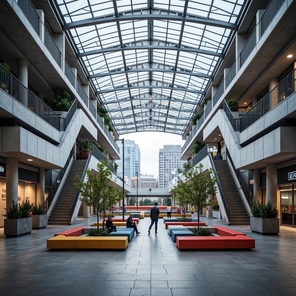 Prompt: Modernist train station, sleek steel beams, large glass ceilings, industrial-chic lighting fixtures, polished concrete floors, geometric-shaped benches, vibrant colorful accents, minimalist signage, open-plan waiting areas, grand staircases, elevated platforms, urban cityscape views, cloudy daytime atmosphere, soft natural light, shallow depth of field, 1/1 composition, symmetrical framing, realistic textures, ambient occlusion.