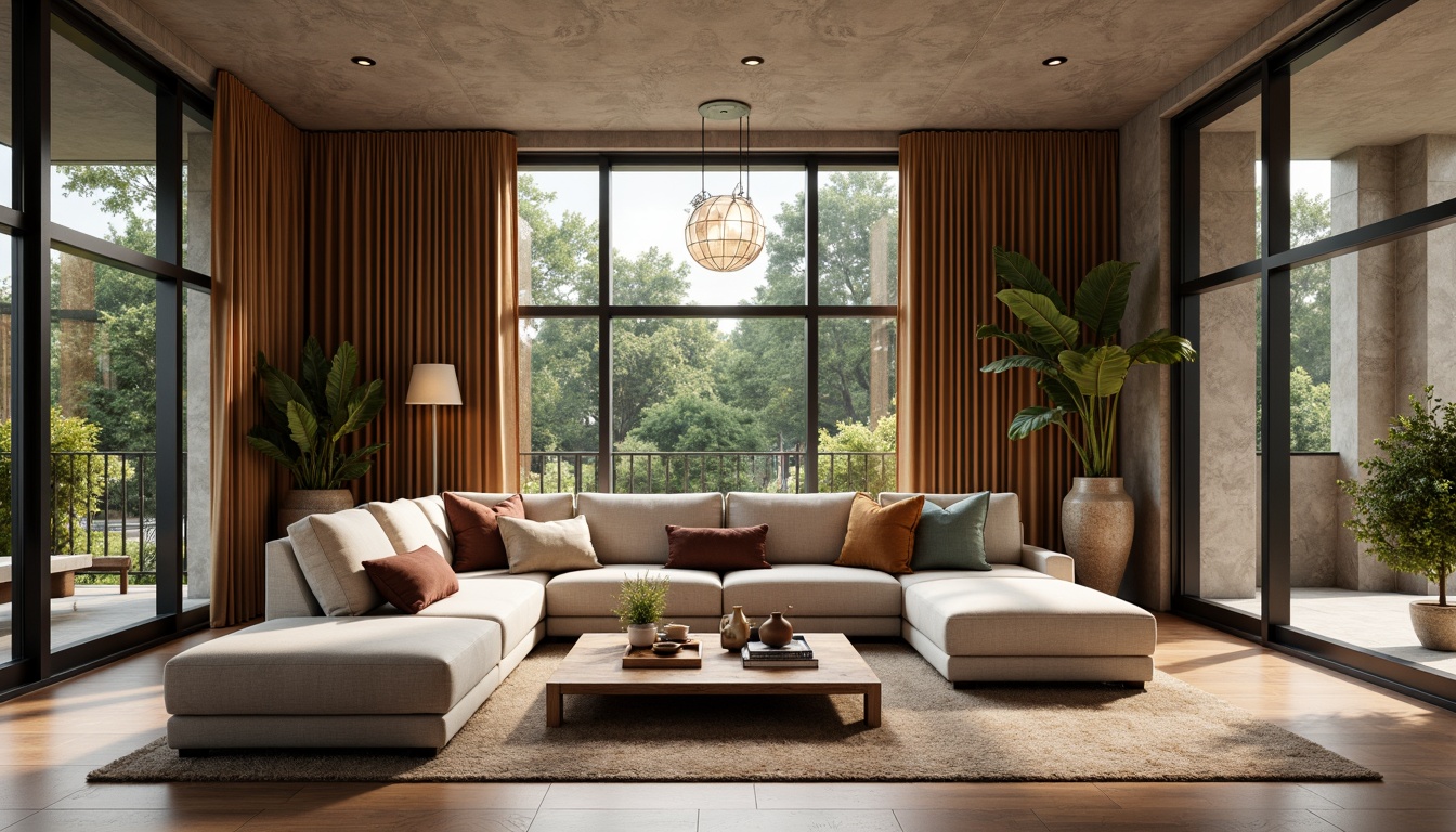 Prompt: Luxurious living room, plush sectional sofa, reclaimed wood coffee table, floor-to-ceiling windows, natural stone walls, rich velvet drapes, golden pendant lighting, cozy reading nook, oversized area rug, modern minimalist decor, soft warm color palette, 1/1 composition, shallow depth of field, realistic textures, ambient occlusion.