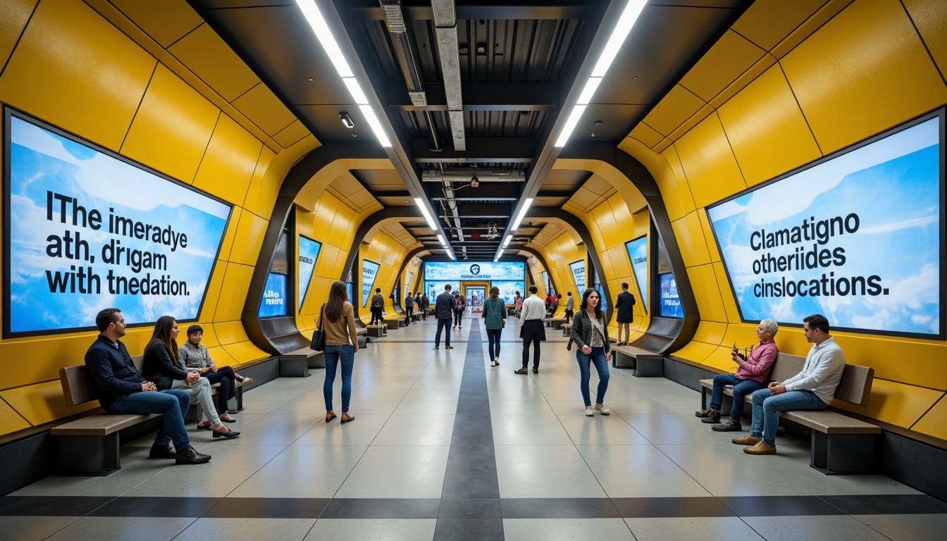 Prompt: Vibrant metro station, bold typography, bright signage, warm beige walls, cool grey floors, energetic yellow accents, soothing blue tones, dynamic LED lighting, futuristic architecture, sleek metal columns, minimalist benches, modern urban feel, rush hour crowds, morning sunlight, shallow depth of field, 1/1 composition, realistic textures, ambient occlusion.