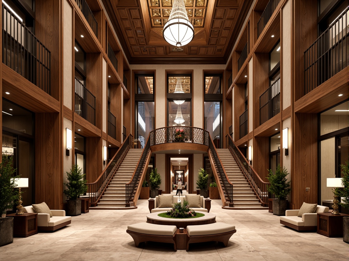 Prompt: Luxurious bank lobby, Art Deco patterns, ornate metalwork, polished marble floors, grand chandeliers, intricate moldings, rich wood paneling, elegant furnishings, subtle ambient lighting, dramatic ceiling heights, symmetrical composition, warm earthy tones, sophisticated color palette, opulent textures, refined ornamentation, precise geometric shapes, lavish decorative accents, imposing columns, majestic staircases, plush carpeting, ornate elevator doors, sophisticated security systems.