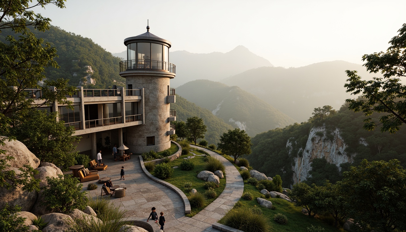 Prompt: Panoramic watchtower, rugged mountainous terrain, lush green forests, winding stone pathways, rustic wooden decks, panoramic views, telescopic lenses, binoculars, outdoor furniture, natural stonewalls, curved lines, modern minimalism, steel structures, glass railings, misty morning atmosphere, soft warm lighting, 1/1 composition, realistic textures, ambient occlusion.