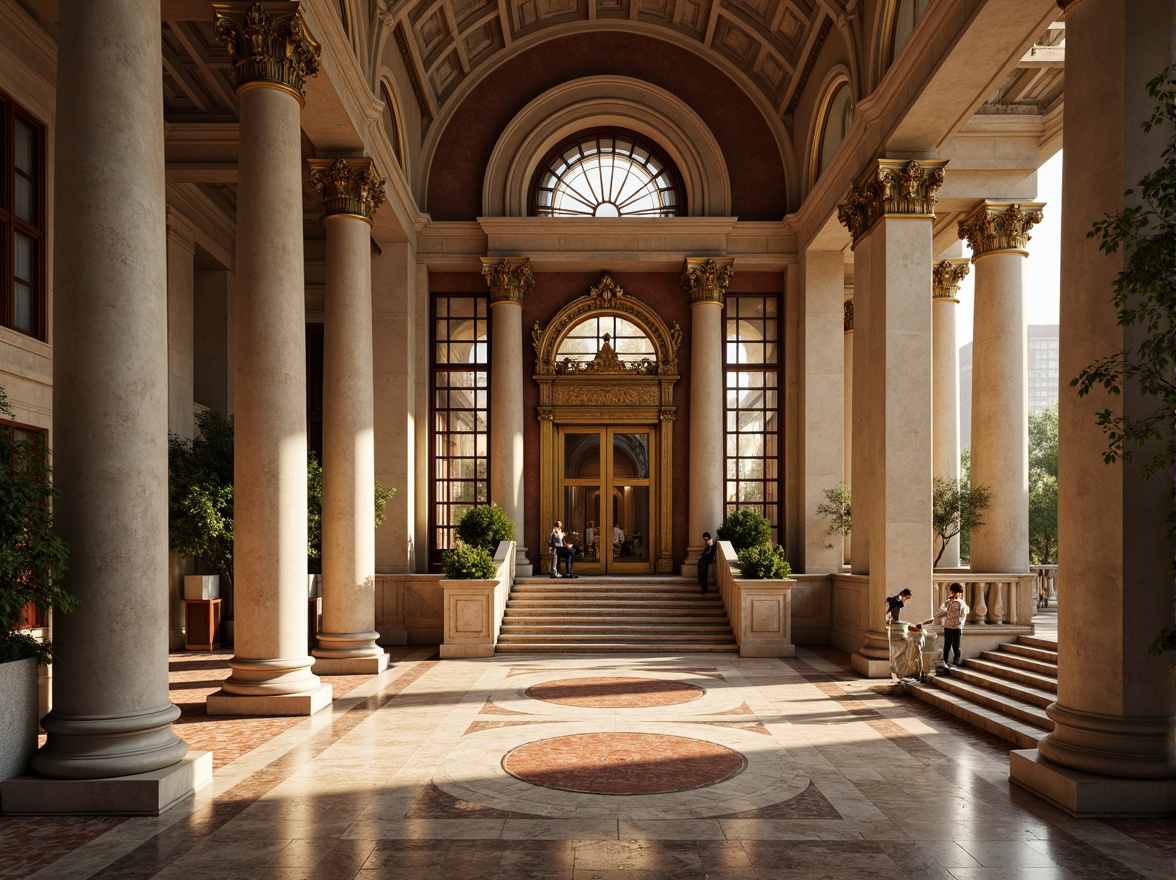 Prompt: Grandiose courthouse entrance, Corinthian columns, ornate stone carvings, majestic bronze doors, sweeping staircase, polished marble floors, intricate mosaic patterns, high ceilings, large windows, symmetrical fa\u00e7ade, classical arches, solemn atmosphere, warm golden lighting, shallow depth of field, 1/1 composition, realistic textures, ambient occlusion.