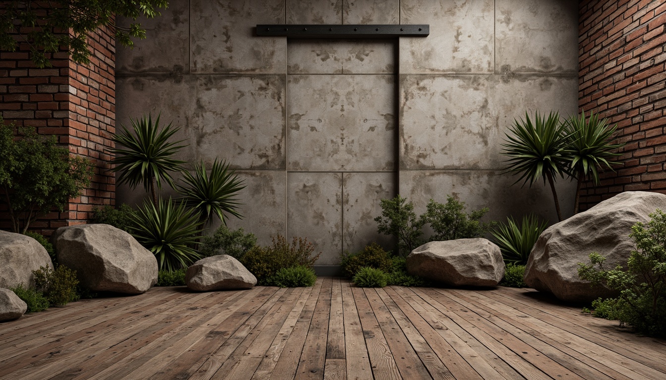 Prompt: Rustic wooden planks, distressed stone walls, rough-hewn boulders, moss-covered rocks, weathered metal accents, vintage brick facades, tactile concrete surfaces, organic earthy tones, natural material textures, subtle gradient effects, warm ambient lighting, soft focus blur, cinematic composition, atmospheric perspective, realistic normal mapping.