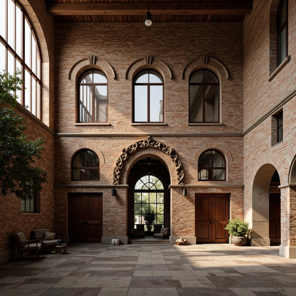 Prompt: Rustic loft building, Romanesque-inspired facades, arched windows, ornate stone carvings, warm earthy tones, weathered brick walls, distressed wood accents, industrial metal beams, vintage decorative ironwork, soft natural lighting, shallow depth of field, 2/3 composition, atmospheric perspective, realistic stonework textures, subtle ambient occlusion.