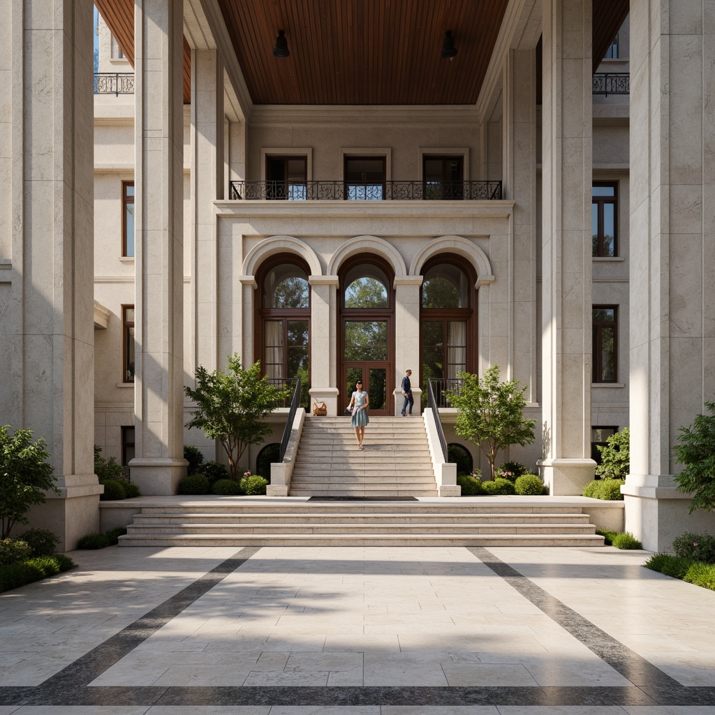 Prompt: Grand courthouse building, international style architecture, symmetrical facade design, granite stone walls, large windows, columnar structures, ornate details, imposing entrance, grand staircase, high ceilings, marble flooring, neutral color scheme, natural light illumination, subtle shading, 1/1 composition, realistic textures, ambient occlusion.