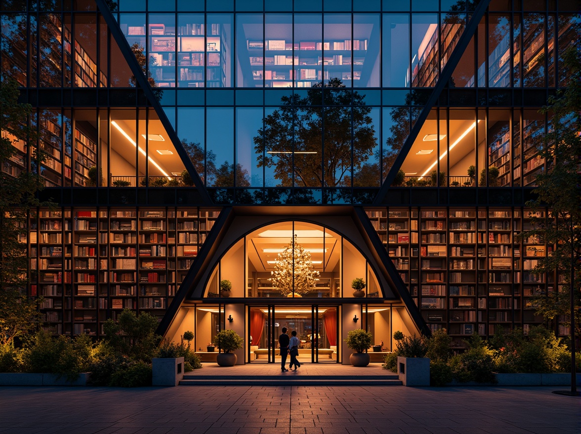 Prompt: Dramatic library facade, asymmetrical composition, irregular shapes, bold angular lines, vibrant colored glass, expressive brick textures, ornate metal ornaments, grand entrance archways, sweeping curved walls, dynamic shadows, moody warm lighting, shallow depth of field, 1/2 composition, cinematic view, intricate architectural details, realistic materiality, ambient occlusion.