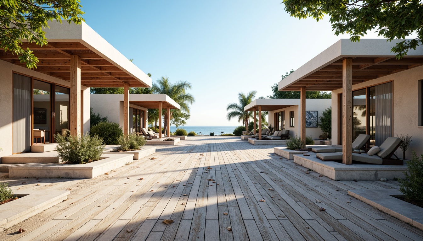 Prompt: Weathered wooden planks, rustic beach huts, driftwood accents, ocean-inspired color palette, soft sandy dunes, clear blue horizon, sea spray mist, warm sunlight, shallow depth of field, 3/4 composition, panoramic view, realistic textures, ambient occlusion, modern coastal architecture, large windows, sliding glass doors, nautical-themed decorations, shells, ropes, anchors, beachy vibe, natural stone foundations, stucco walls, wooden decks, outdoor seating areas, sailboat-inspired design elements.