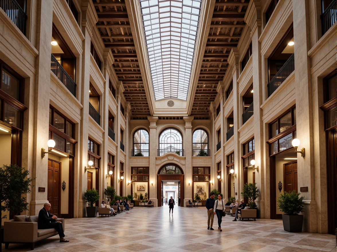 Prompt: Grand bank building, imposing columns, ornate details, majestic rooflines, symmetrical fa\u00e7ade, limestone walls, bronze doors, lavish interiors, high ceilings, marble floors, intricate moldings, stately chandeliers, warm natural lighting, 1/1 composition, shallow depth of field, realistic textures, ambient occlusion.