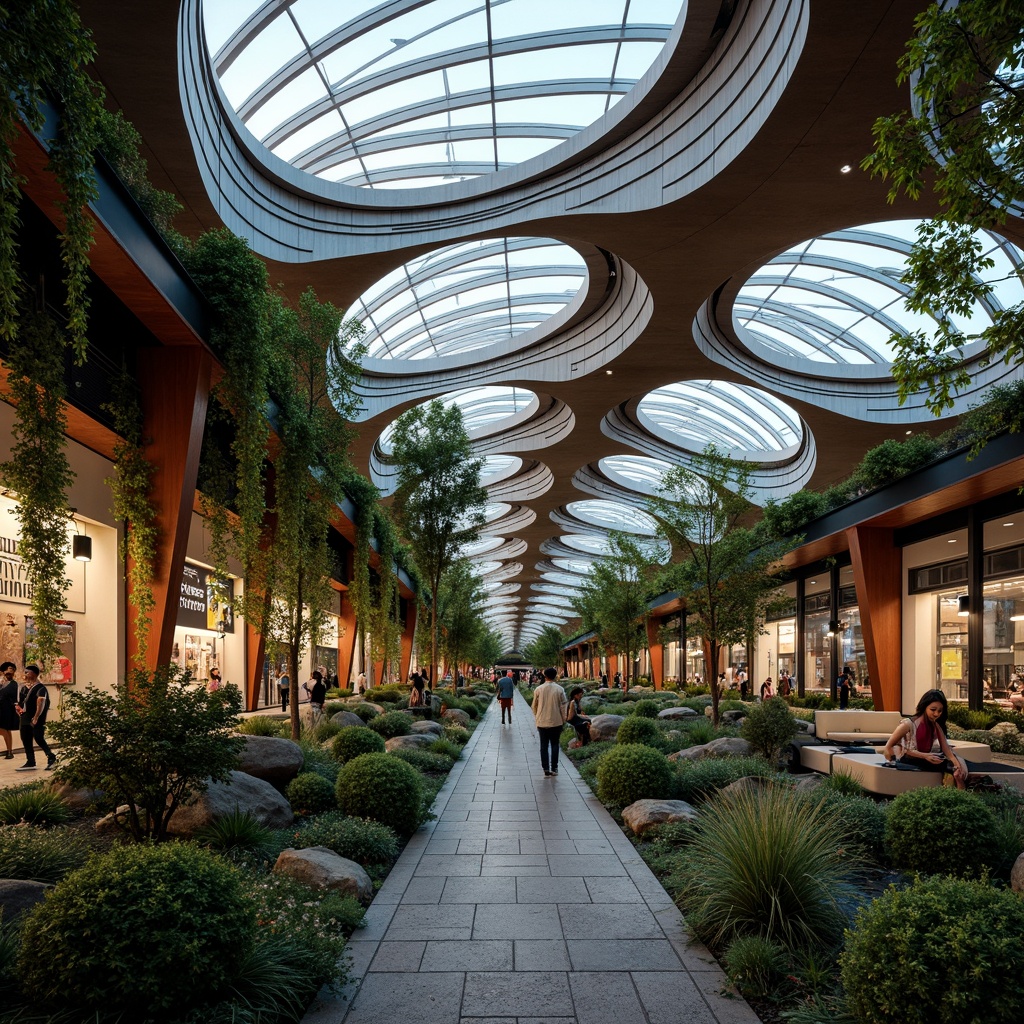 Prompt: Undulating tram station, flowing curves, organic shapes, futuristic architecture, iridescent colors, shimmering metals, glowing LED lights, wavy glass roofs, natural stone walls, lush greenery, hanging plants, soft diffused lighting, warm ambiance, 1/1 composition, intimate scale, abstract patterns, biomimicry elements, parametric design, algorithmic structures, futuristic materials, high-tech details, urban landscape, bustling city life.