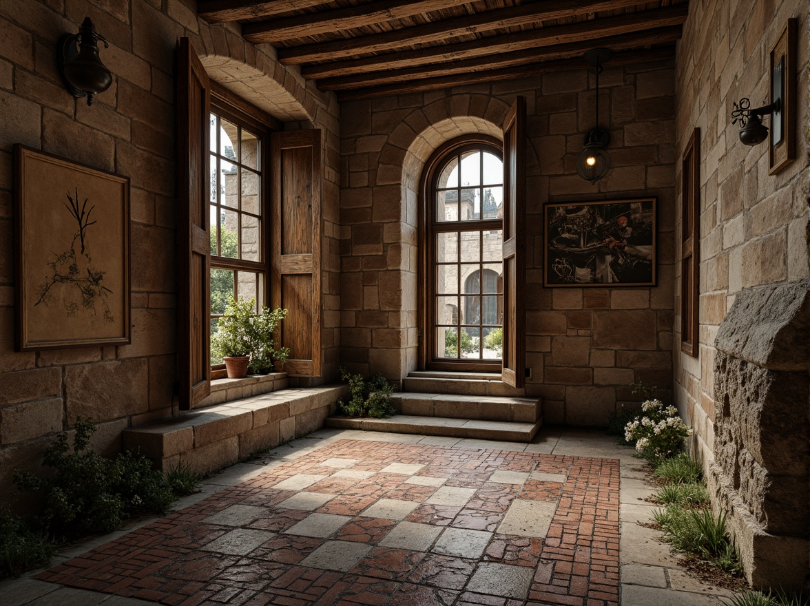 Prompt: Rustic stone walls, worn wooden planks, distressed metal panels, rough-hewn concrete floors, ornate tile mosaics, intricate brick patterns, natural rock formations, earthy color palette, warm ambient lighting, shallow depth of field, 1/1 composition, realistic textures, ambient occlusion, medieval-inspired architecture, grand castle halls, mystical atmosphere.