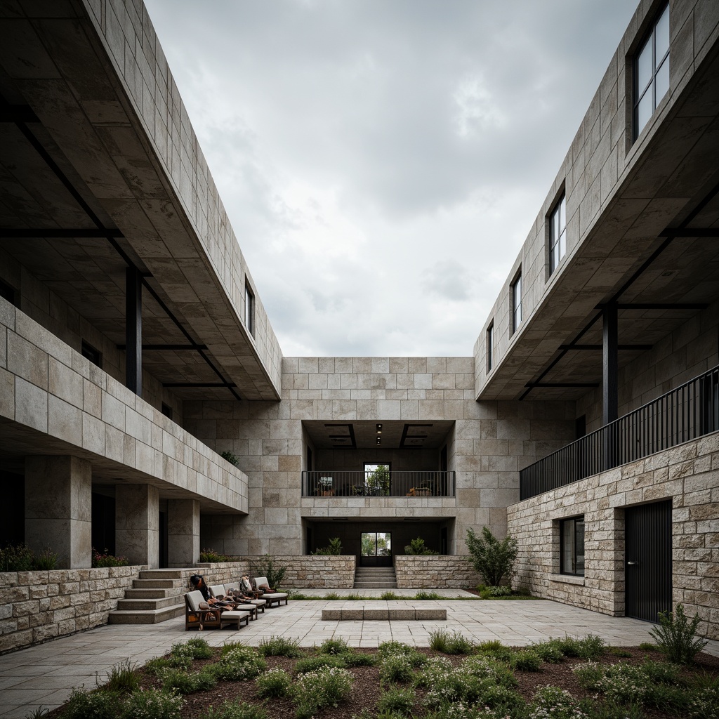 Prompt: Rugged concrete amphitheater, brutalist architecture, stepped seating areas, open performance spaces, natural stone walls, exposed ductwork, industrial-style lighting, raw metal beams, minimalist landscaping, scattered wildflowers, cloudy overcast sky, dramatic shadows, high-contrast lighting, 1/1 composition, symmetrical framing, cinematic atmosphere, realistic textures, ambient occlusion.