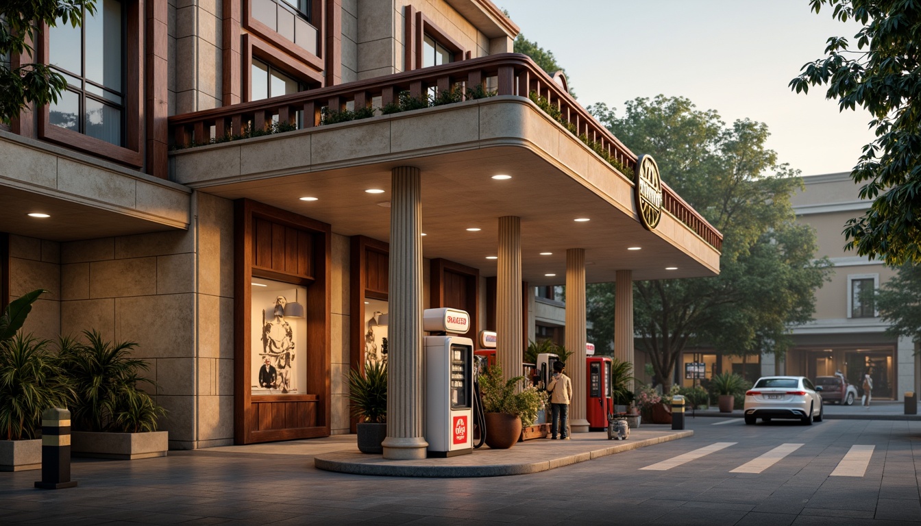 Prompt: \Elegant gas station, neoclassical architecture, symmetrical fa\u00e7ade, grandiose columns, ornate details, warm beige stone walls, rich dark wood accents, luxurious metallic finishes, sophisticated signage, retro-style fuel pumps, vintage-inspired lighting fixtures, soft warm glow, early morning misty atmosphere, shallow depth of field, 1/2 composition, realistic textures, ambient occlusion.\Let me know if you need any adjustments!