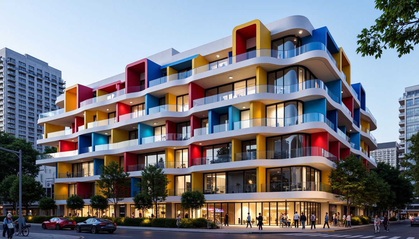 Prompt: Vibrant residential facade, irregular geometry, bold color blocking, cantilevered balconies, dynamic LED lighting, transparent glass railings, modern minimalist aesthetic, innovative material usage, parametric design, futuristic architecture, urban cityscape, busy streets, morning sunlight, soft shadows, 1/2 composition, shallow depth of field, realistic textures, ambient occlusion.