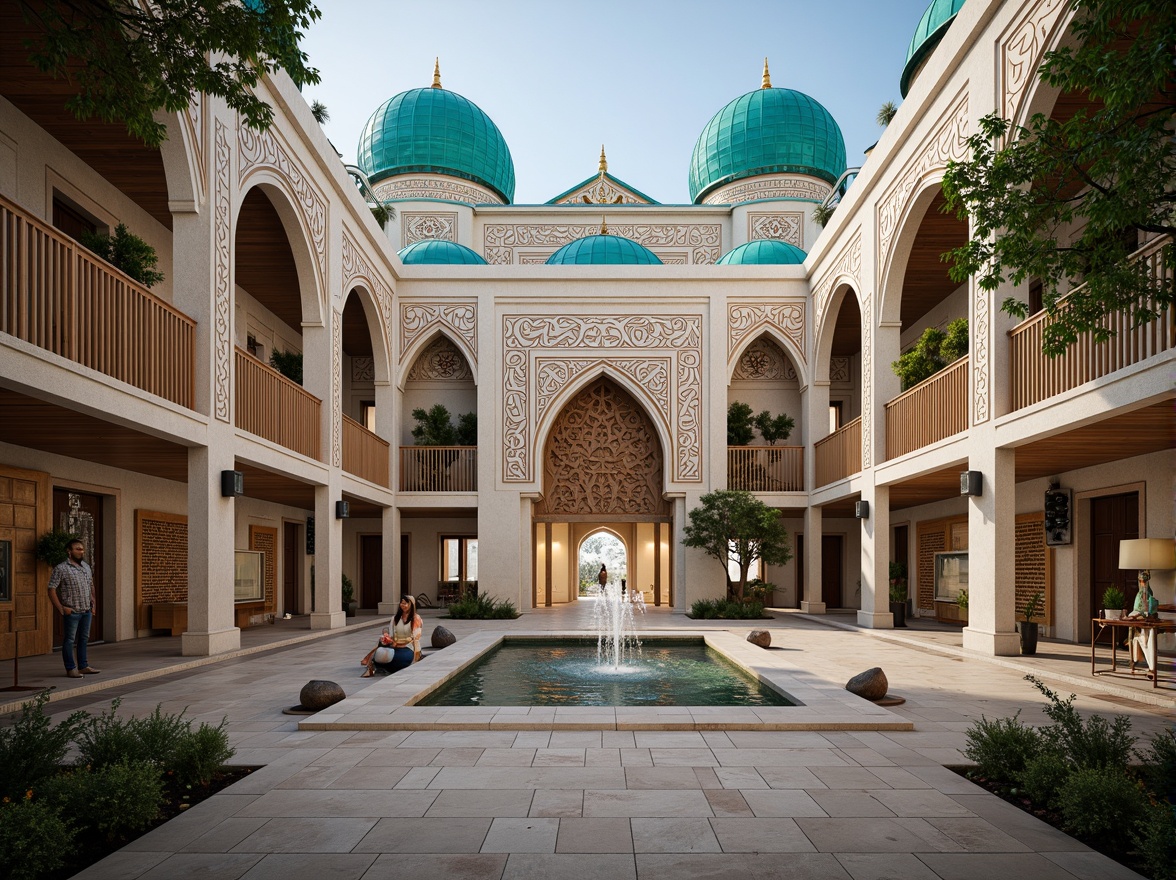 Prompt: Traditional Islamic arches, ornate calligraphy, vibrant turquoise domes, grand mosque-inspired entrances, intricate geometric patterns, cultural heritage exhibits, public art installations, water feature fountains, lush green courtyards, natural stone flooring, wooden lattice screens, warm ambient lighting, shallow depth of field, 3/4 composition, realistic textures, ambient occlusion.