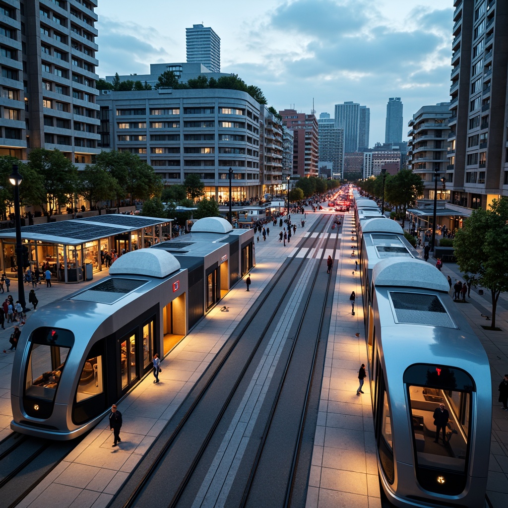 Prompt: Curved blob-shaped tram stations, sleek metallic surfaces, vibrant neon lights, urban cityscape, busy streets, pedestrian walkways, green roofs, solar panels, modern architecture, futuristic design, angular lines, minimalist aesthetic, spacious interiors, natural stone flooring, comfortable seating areas, electronic information displays, real-time traffic updates, ambient lighting, shallow depth of field, 1/2 composition, dynamic camera movements, realistic textures, soft focus effect.Let me know if this meets your requirements!