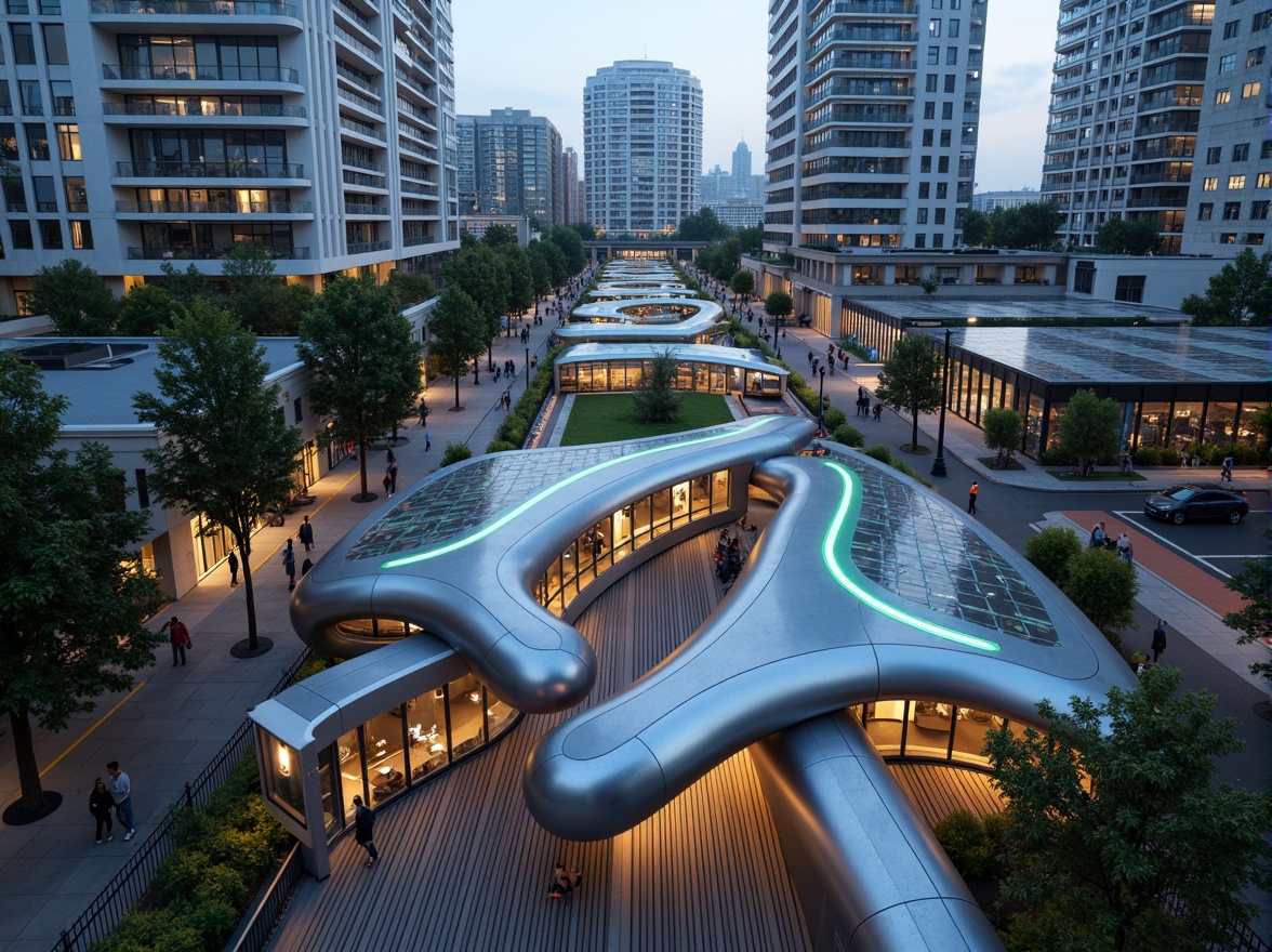 Prompt: Futuristic tram stations, curved blob-like structures, metallic surfaces, neon-lit accents, urban cityscape, busy streets, pedestrian walkways, green roofs, solar panels, sustainable energy solutions, modern architecture, sleek lines, minimalist design, vibrant LED lighting, shallow depth of field, 3/4 composition, panoramic view, realistic textures, ambient occlusion.