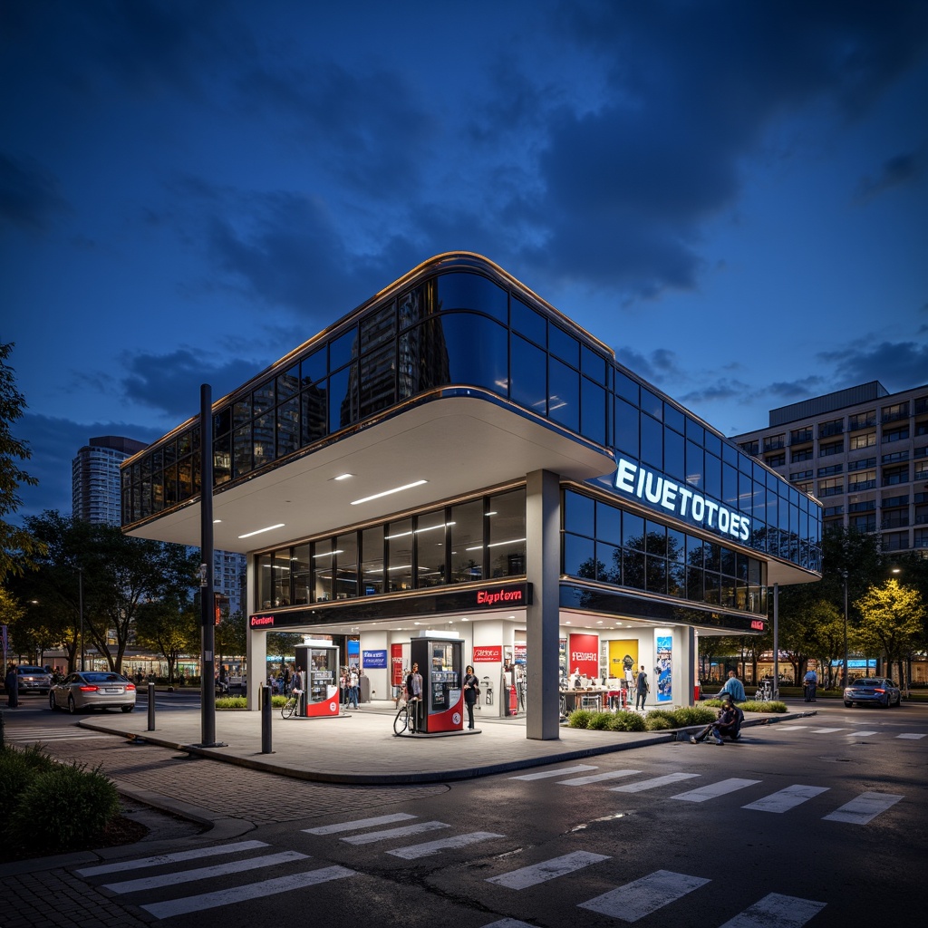 Prompt: Modern gas station, sleek Bauhaus design, minimalist architecture, clean lines, industrial materials, steel beams, concrete floors, functional layout, ample parking spaces, efficient fueling systems, futuristic canopy roofs, neon signage, urban landscape, busy streets, vibrant city lights, shallow depth of field, 1/1 composition, high-angle shot, dramatic shadows, bold color accents.