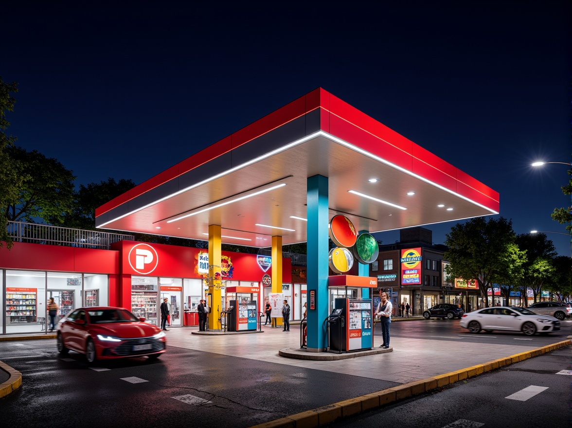 Prompt: Vibrant gas station, primary color scheme, bold geometric shapes, clean lines, industrial materials, metal canopies, minimalist architecture, functional design, retro-futuristic vibe, neon accents, bold typography, circular motifs, dynamic lighting, urban landscape, city streets, busy roads, modern infrastructure, sleek fuel pumps, futuristic technology, high-contrast colors, sharp shadows, dramatic night lighting, 1/2 composition, high-key exposure, realistic textures.