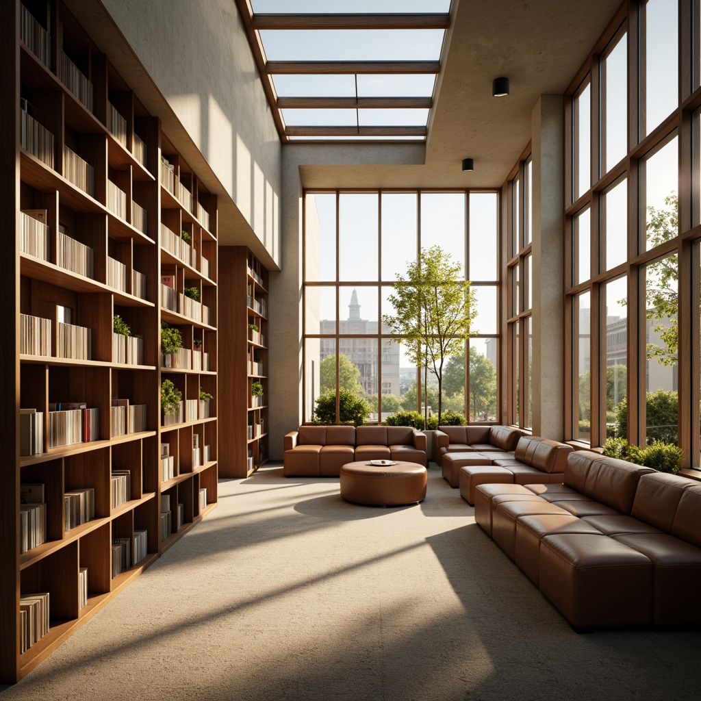 Prompt: Cozy reading nook, warm natural lighting, floor-to-ceiling windows, minimalist interior design, wooden shelves, leather-bound books, comfortable seating areas, soft carpeting, calm atmosphere, afternoon sunbeams, subtle shadows, indirect lighting, clerestory windows, open spaces, modern architecture, glass roofs, skylights, warm color scheme, inviting ambiance, peaceful environment, shallow depth of field, 1/1 composition, realistic textures.