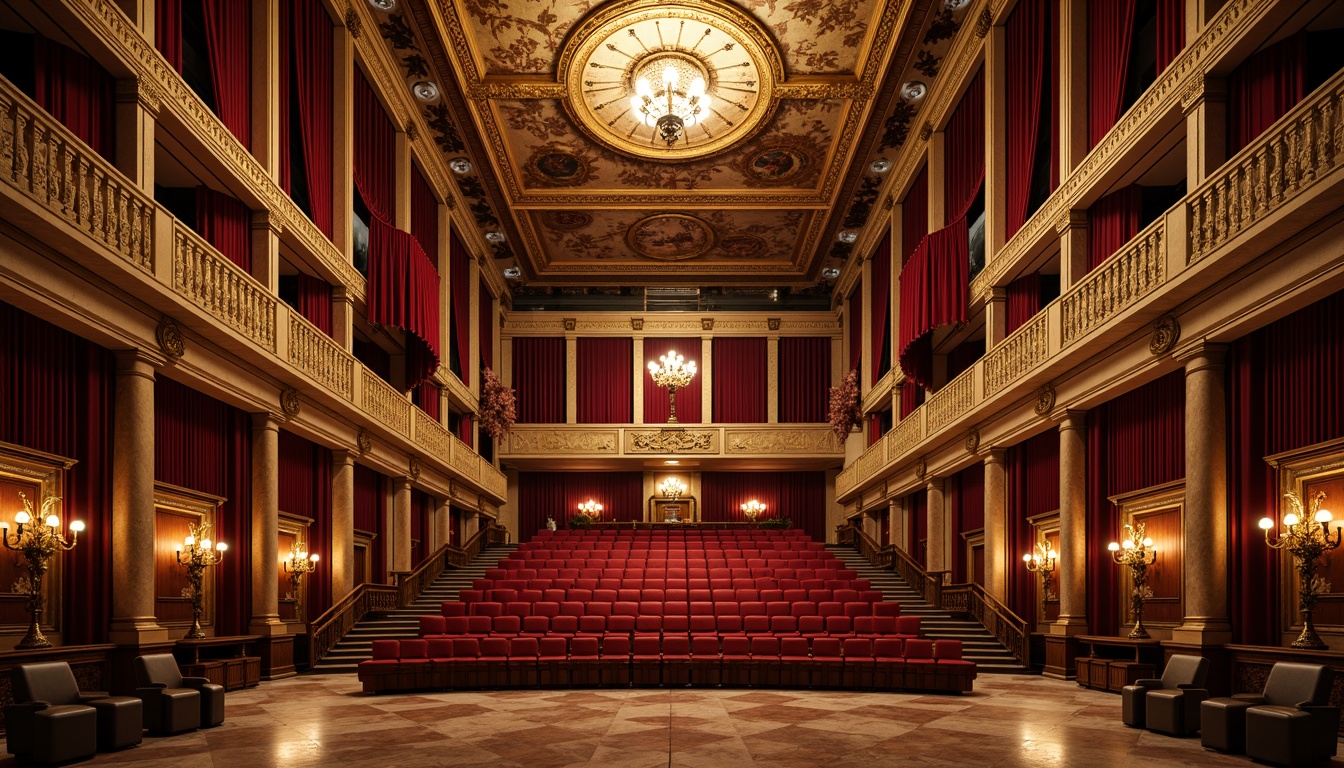 Prompt: Renaissance-style auditorium, ornate chandeliers, rich velvet drapes, intricately carved wooden panels, gilded accents, Baroque-inspired moldings, luxurious marble floors, grand staircases, ornamental balconies, plush red seats, intricate fresco ceilings, warm golden lighting, dramatic spotlights, 1/2 composition, shallow depth of field, realistic textures, ambient occlusion.