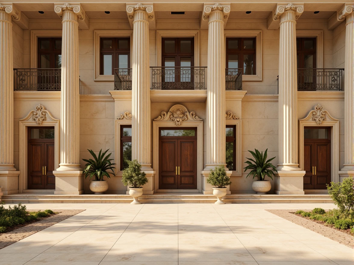 Prompt: Majestic courthouse, neoclassical architecture, symmetrical facade, grand entrance, ornate columns, intricately carved details, warm beige stone walls, rich wood accents, elegant cream-colored marble floors, subtle golden lighting, soft natural textures, harmonious color palette, earthy tones, muted greens, creamy whites, dignified atmosphere, formal composition, central axis symmetry, subtle shading, realistic rendering.