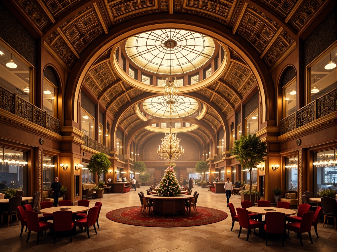 Prompt: Luxurious casino interior, ornate Art Nouveau details, curved lines, flowing patterns, intricate metalwork, stained glass ceilings, grand chandeliers, rich velvet fabrics, marble floors, gilded accents, lavish furnishings, ornamental mirrors, dramatic lighting, warm golden tones, opulent textures, symmetrical composition, 1/2 perspective, atmospheric mist, realistic reflections.