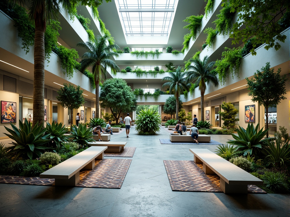 Prompt: Vibrant science center atrium, lush green walls, exotic tropical plants, natural stone flooring, modern sleek benches, interactive exhibit displays, futuristic lighting fixtures, suspended planters, geometric patterned rugs, minimalist interior design, open ceiling architecture, abundant natural light, soft diffused illumination, shallow depth of field, 1/1 composition, realistic textures, ambient occlusion.