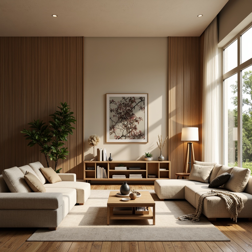 Prompt: Cozy living room, warm beige walls, comfortable sofas, plush rugs, wooden coffee tables, floor lamps, large windows, natural light, soft curtains, minimal ornamentation, functional shelving units, earthy color palette, organic textures, 1/1 composition, shallow depth of field, realistic rendering, ambient occlusion, subtle gradient lighting.