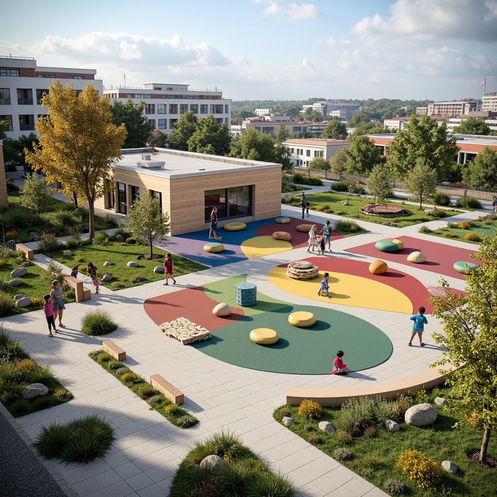 Prompt: Vibrant kindergarten playground, diverse cultural decorations, inclusive play equipment, accessible ramps, sensory gardens, community gathering spaces, natural stone benches, colorful murals, interactive learning walls, collaborative classrooms, flexible seating arrangements, abundant natural light, warm wooden accents, soft pastel colors, playful typography, welcoming entranceways, secure fencing systems, panoramic views of surrounding neighborhoods, realistic textures, ambient occlusion.