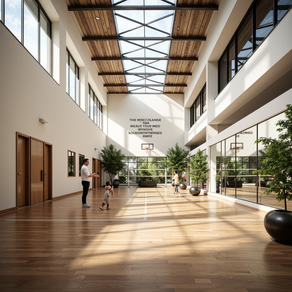 Prompt: Modern gymnasium interior, abundant natural light, large windows, skylights, clerestory windows, high ceilings, airy atmosphere, polished wooden floors, sports equipment, basketball hoops, volleyball nets, exercise machines, mirrored walls, motivational quotes, green plants, minimalist design, warm color scheme, soft ambient lighting, shallow depth of field, 1/1 composition, realistic textures, subtle shadows.