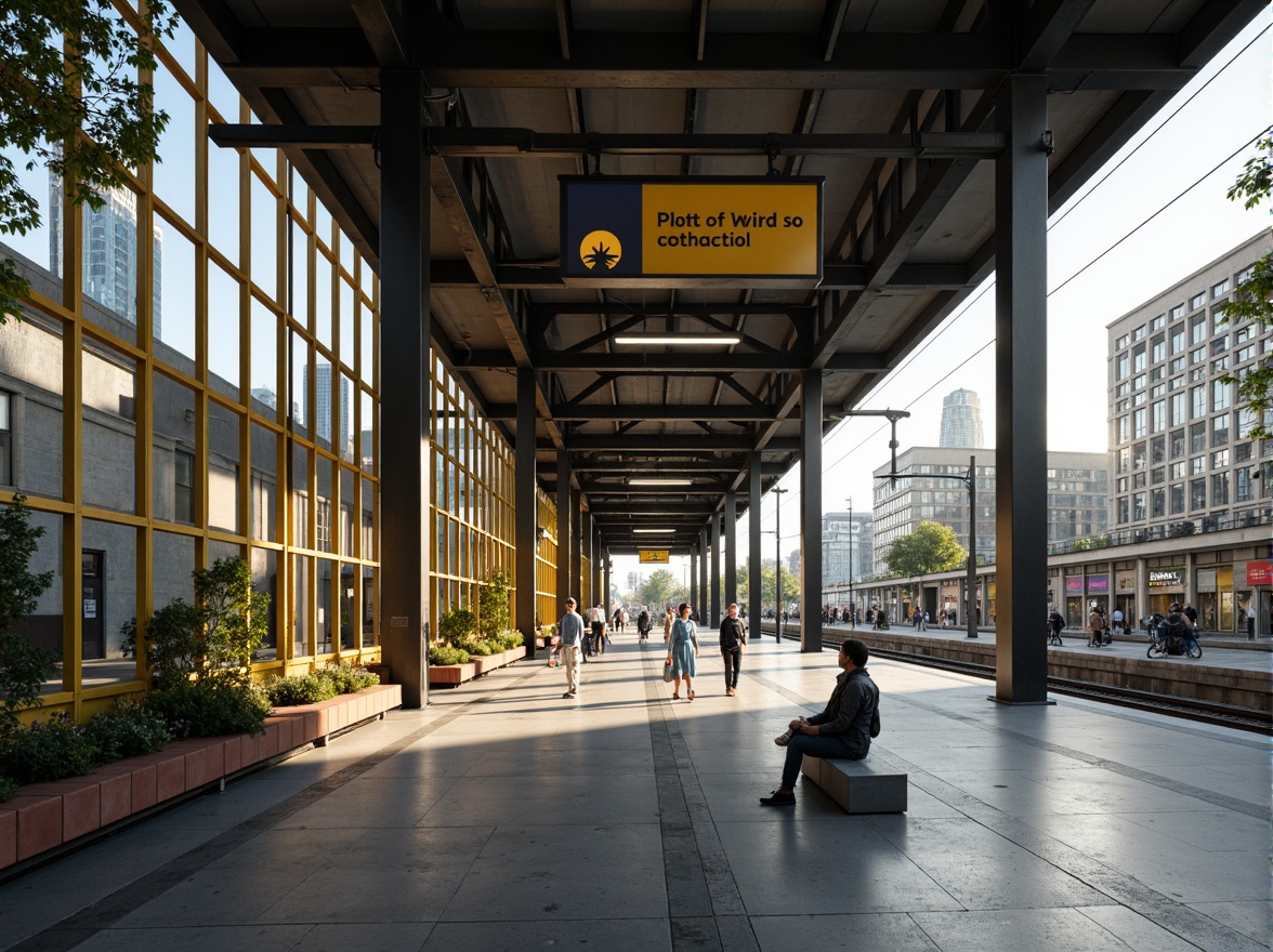 Prompt: Modernist train station, sleek glass fa\u00e7ade, geometric steel structures, vibrant yellow accents, minimalist signage, industrial-chic benches, polished concrete floors, abundant natural light, open-air platforms, urban cityscape, bustling streets, morning commute, soft warm lighting, shallow depth of field, 3/4 composition, panoramic view, realistic textures, ambient occlusion.