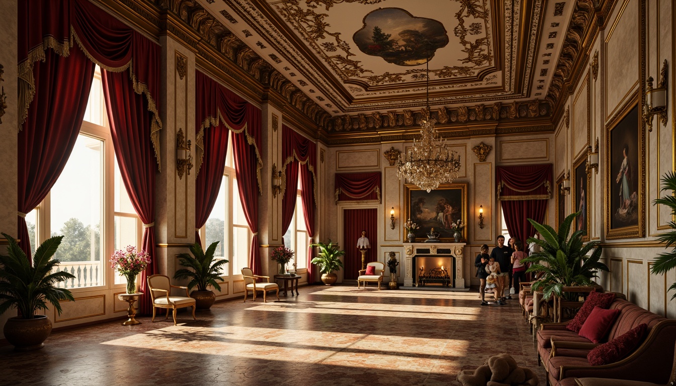 Prompt: Ornate Baroque palace, intricately carved marble columns, gilded ornaments, rich velvet fabrics, ornamental furnishings, lavish chandeliers, grandiose staircases, dramatic archways, opulent frescoes, intricate moldings, luxurious textiles, subtle golden lighting, warm ambient glow, shallow depth of field, 1/2 composition, symmetrical framing, highly detailed renderings.