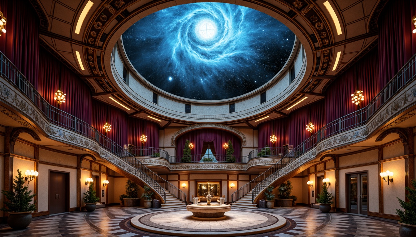 Prompt: Glamorous planetarium dome, luxurious velvet curtains, ornate metalwork, starry night sky projections, futuristic astronomy equipment, geometric patterned flooring, metallic accents, opulent chandeliers, soft warm glowing lights, dramatic spotlights, ambient LED strips, celestial-inspired murals, intricate fresco ceilings, lavish decorative moldings, majestic staircases, elegant balconies, grandiose entranceways, 1/2 composition, low-key lighting, cinematic atmosphere.