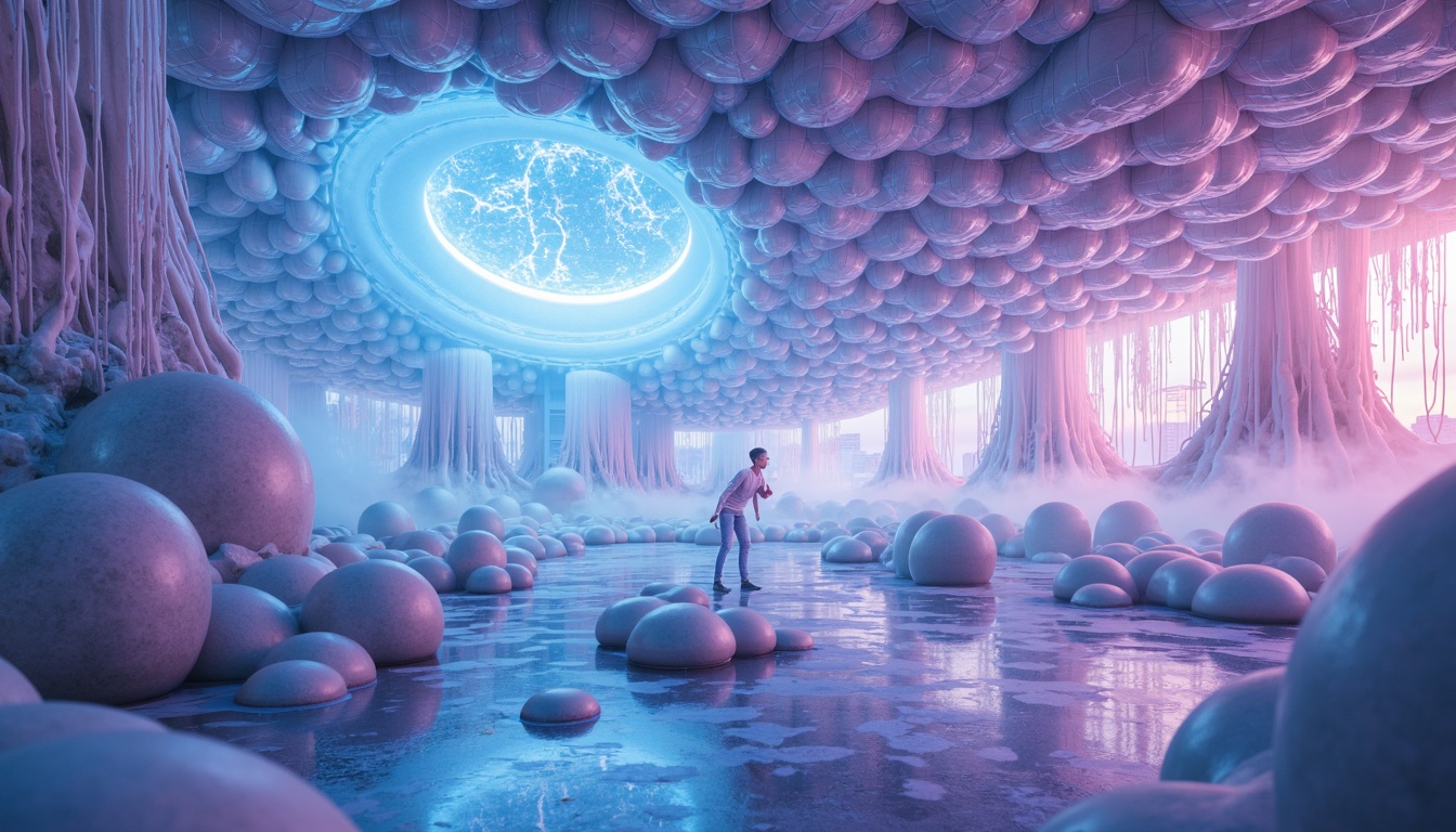 Prompt: Iridescent blob-like structures, translucent membranes, soft luminescent glow, delicate tendrils, amorphous shapes, wispy fibers, iridescent colors, shimmering effects, gelatinous textures, organic forms, futuristic architecture, neon-lit ambiance, misty atmosphere, subtle gradient transitions, 3D rendering, high-gloss finish, reflective surfaces, intricate patterns, mesmerizing visuals, dreamlike quality, surreal landscapes.