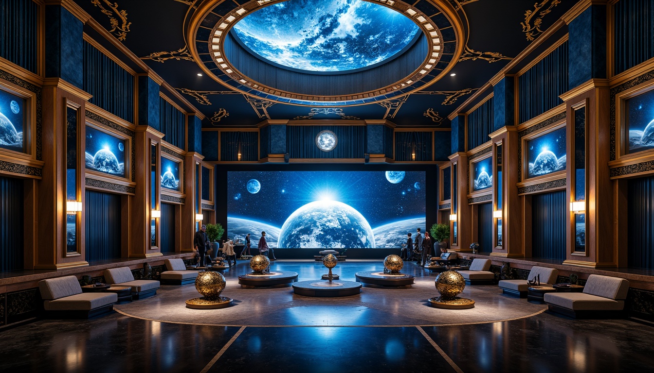 Prompt: Luxurious planetarium interior, metallic gold accents, rich dark blues, celestial-inspired murals, ornate geometric patterns, lavish velvet drapes, polished chrome fixtures, futuristic astronomy equipment, starry night sky projections, 3D astronomical visualizations, ambient soft glow lighting, shallow depth of field, cinematic composition, opulent Art Deco architectural details, intricate inlays, glossy black marble floors.