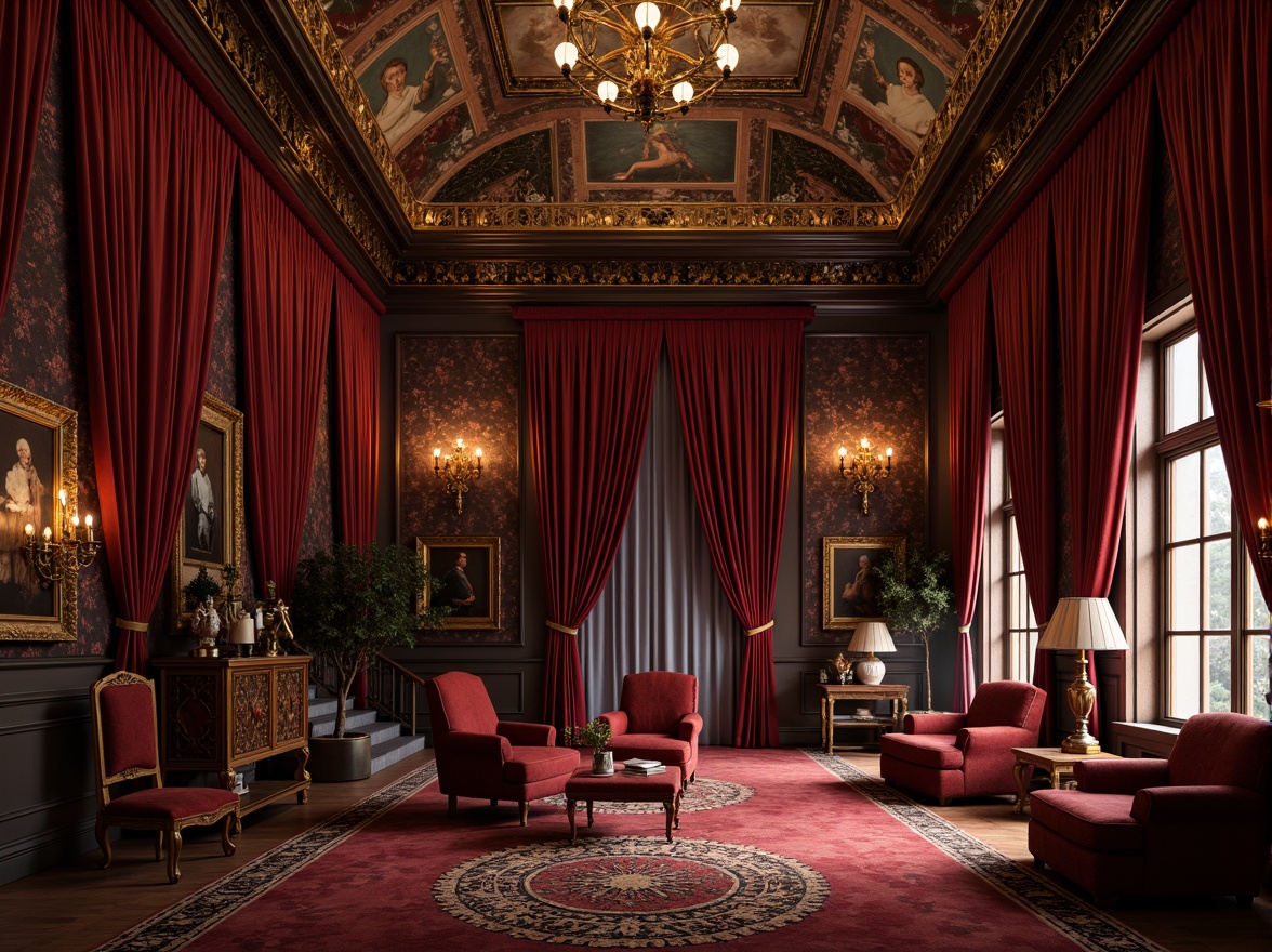 Prompt: Rich velvet fabrics, luxurious golden accents, ornate furnishings, grandiose architectural details, warm candlelight, soft shadows, dramatic chiaroscuro, lavish decorative patterns, intricate carvings, regal reds, opulent purples, rich jewel tones, muted earthy undertones, subtle sheen, high contrast, ornate gold leafing, frescoed ceilings, grand staircase, sweeping drapery, lavish upholstery, antique furnishings, mysterious ambiance, warm warm lighting, cinematic composition.