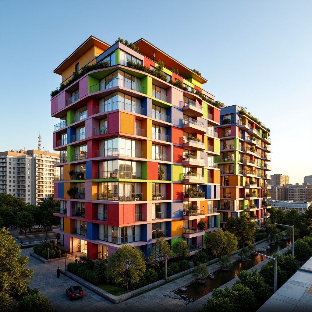 Prompt: Vibrant residential complex, experimental facade design, bold color blocking, irregular shapes, dynamic textures, futuristic materials, LED light installations, cantilevered balconies, green roofs, urban landscape, modern cityscape, sunny day, soft warm lighting, shallow depth of field, 3/4 composition, panoramic view, realistic renderings, ambient occlusion, innovative structural systems, modular construction, sustainable building practices.