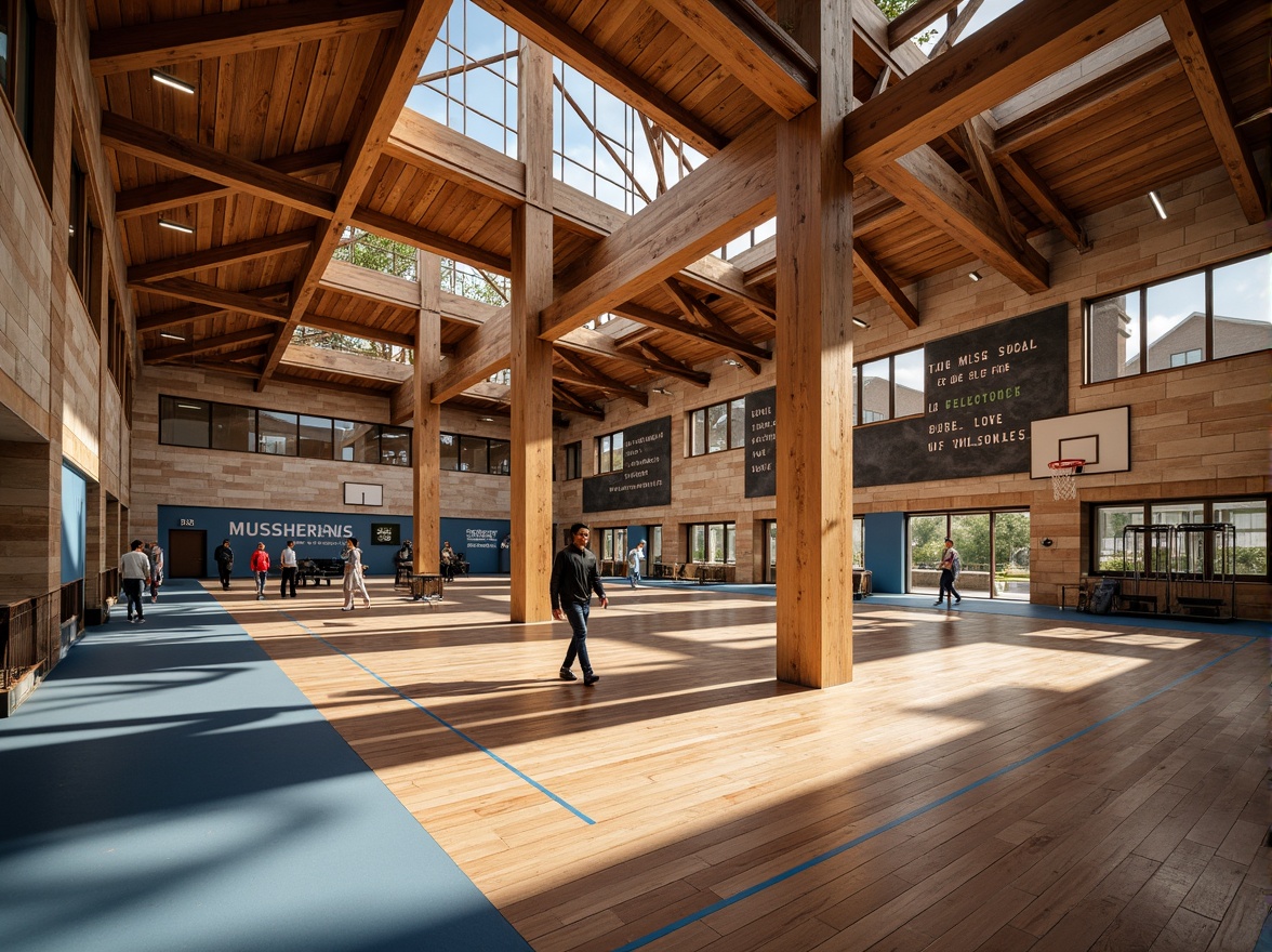 Prompt: Rustic gymnasium, regionalist style facades, earthy tones, natural stone cladding, wooden accents, steeply pitched roofs, dormer windows, ornate trusses, sporty color schemes, modern athletic facilities, indoor tracks, basketball courts, exercise equipment, motivational quotes, warm lighting, shallow depth of field, 1/1 composition, realistic textures, ambient occlusion.